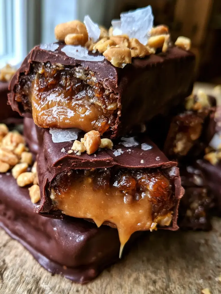 Date Snickers: The Ultimate Healthy Homemade Candy Bar 1 A handheld smartphone photo showing a stack of date snickers in warm natural window light.