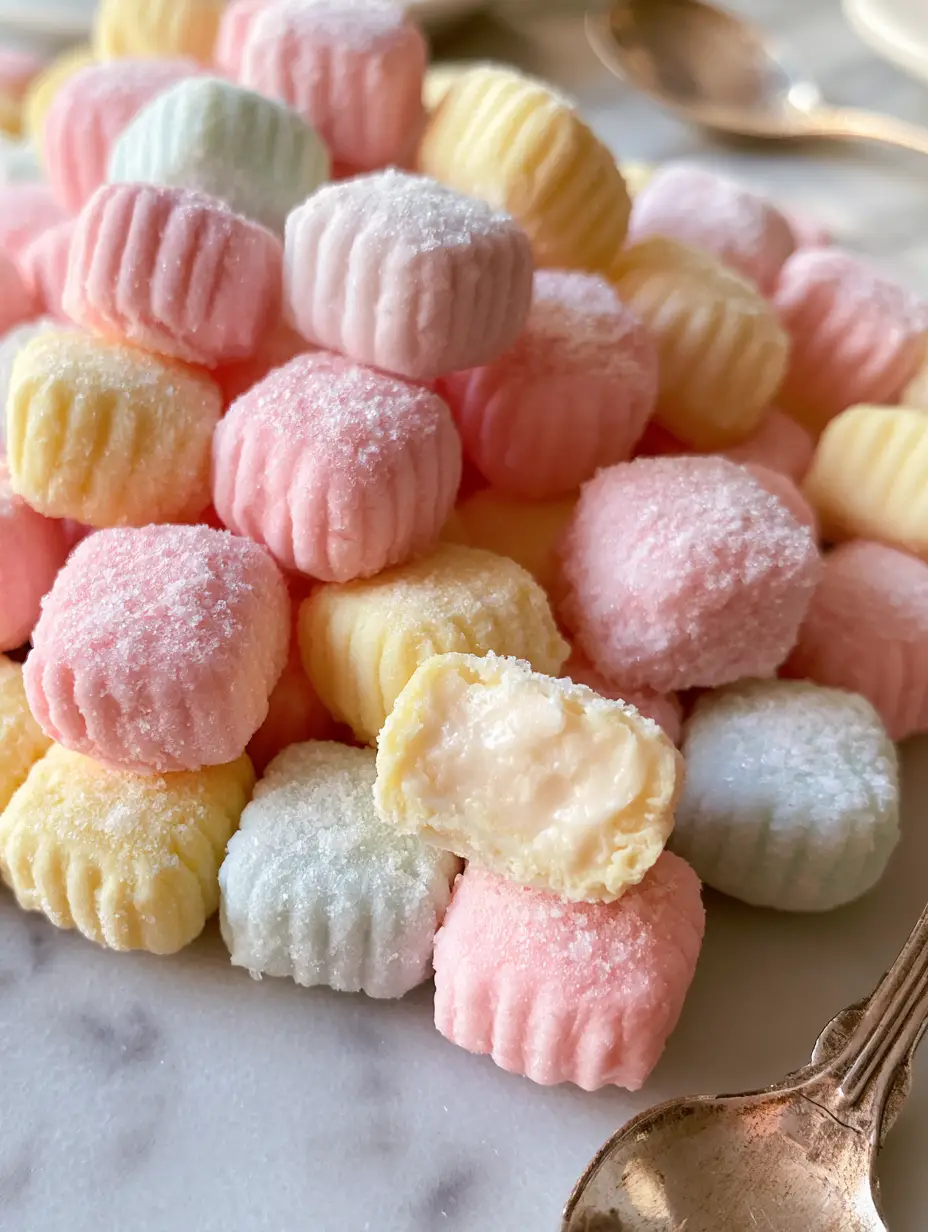 Overhead shot of pillowy square butter mints dusted with sugar on a light marble countertop. (butter mints)
