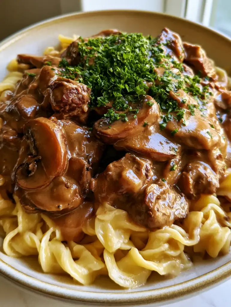Beef Stroganoff with Fork-Tender Chuck Roast and Velvety Cream Sauce 2 High-angle close-up of beef stroganoff featuring velvety cream sauce and brown mushrooms on a bed of buttered curly egg noodles.