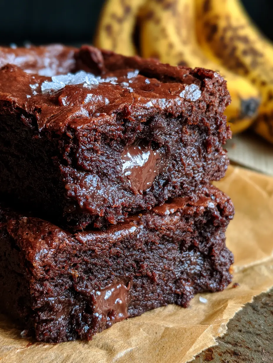 Banana Brownies: The Ultimate Fudgy Chocolate and Ripe Banana Fusion 3 Close-up of banana brownies showing a glossy crackly top and melted chocolate pockets in natural sunlight.