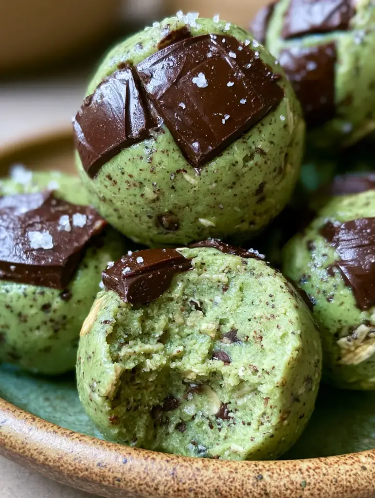 Mint Chip Protein Bites: The Ultimate Fudgy No-Bake Snack 2 Macro photo of mint chip protein bites with glossy dark chocolate chunks and sea salt flakes.