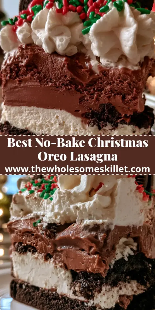 A tall, perfect slice of Christmas oreo dessert lasagna on a white plate showing distinct chocolate, cream, and pudding layers with festive sprinkles.