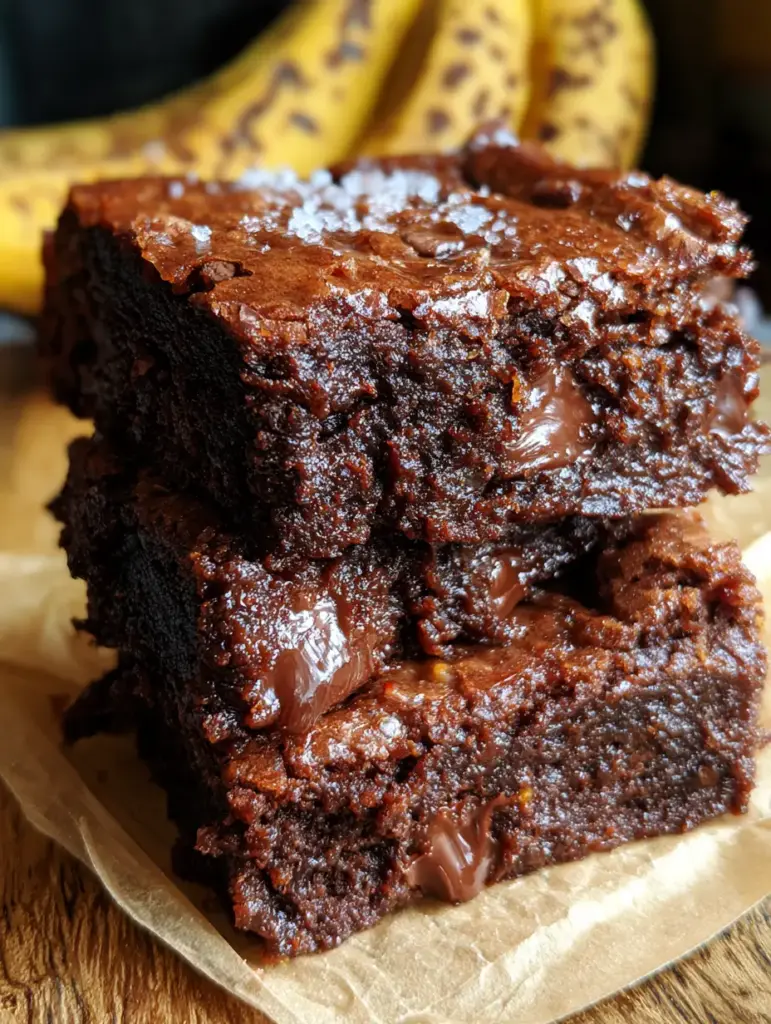 Banana Brownies: The Ultimate Fudgy Chocolate and Ripe Banana Fusion 1 A handheld photo of thick chocolate banana brownies on parchment paper with speckled bananas in the background.