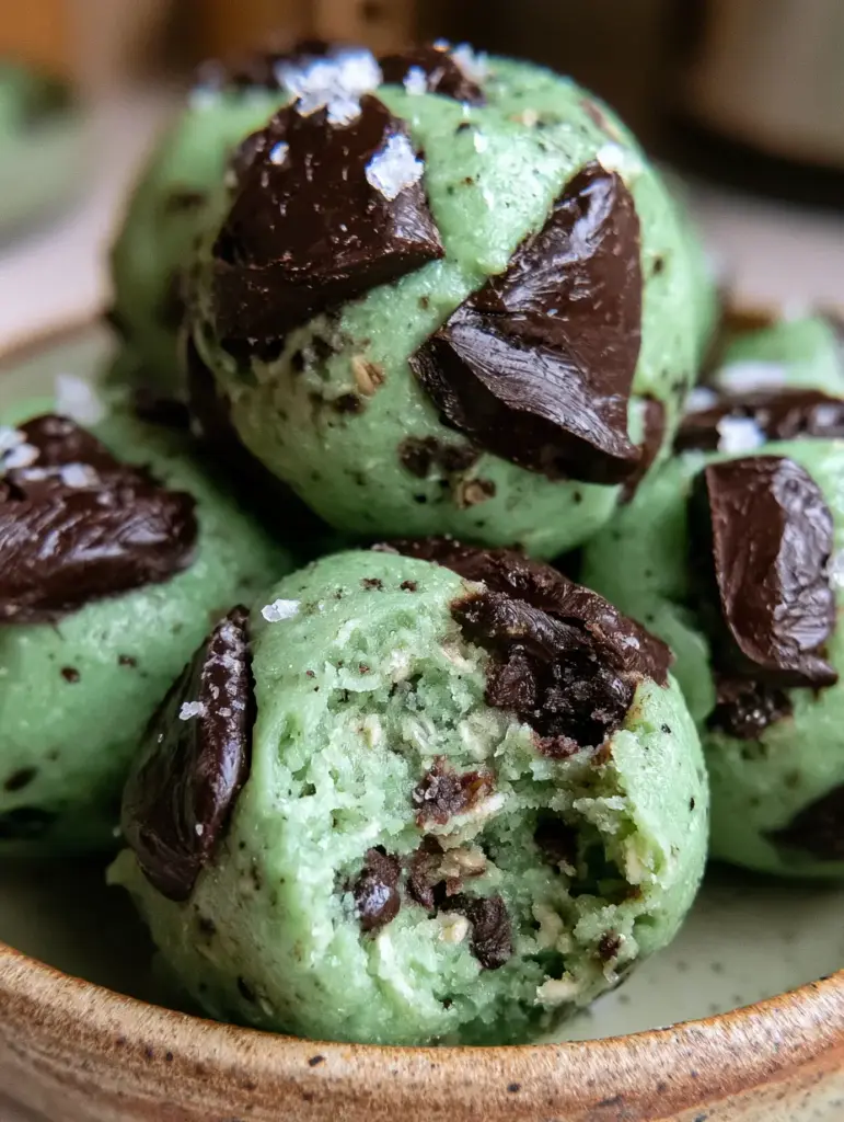 Mint Chip Protein Bites: The Ultimate Fudgy No-Bake Snack 1 Handheld photo of a mint green protein ball with a bite taken out, showing rolled oats and chocolate chips.