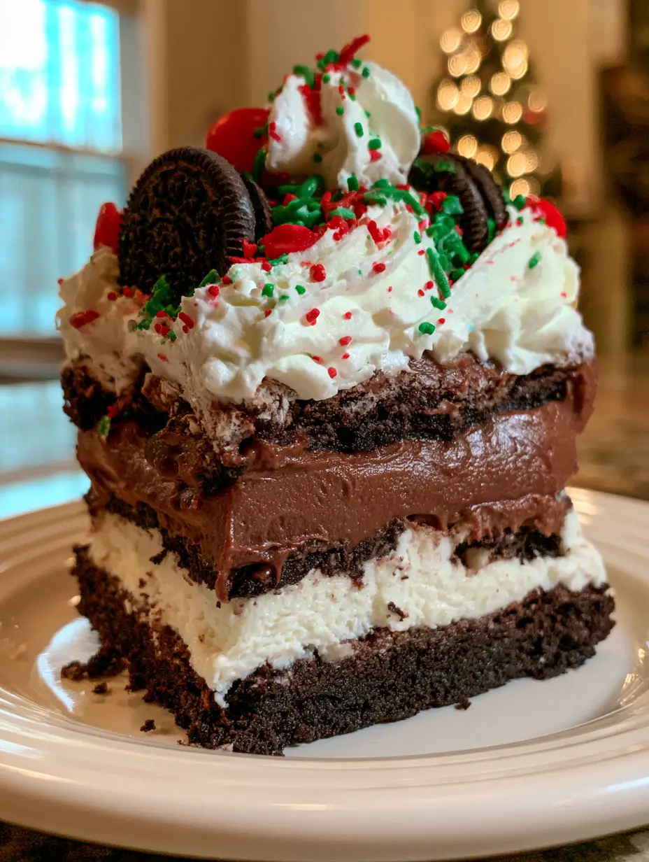A macro shot of oreo dessert lasagna showing the moist chocolate pudding and fluffy whipped cream mountain topped with red candies.