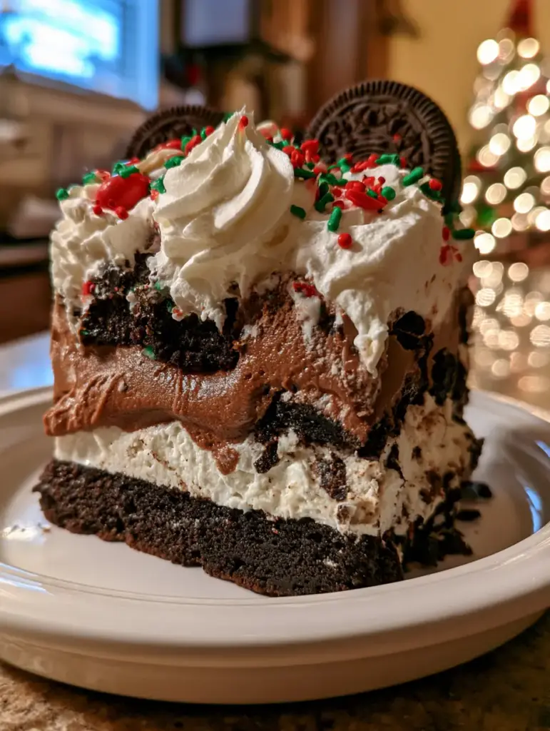 Handheld photo of a tall slice of oreo dessert lasagna in a festive kitchen setting with blurred Christmas lights.