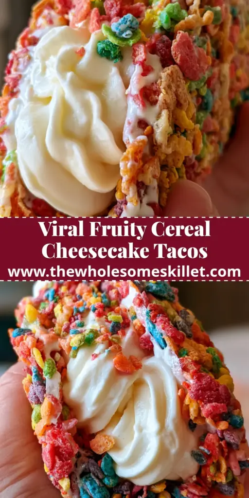 A close-up of vibrant fruity cereal cheesecake tacos held in a person's hand, showcasing the colorful cereal shell and swirled white filling.