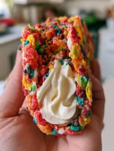 A handheld smartphone photo of a person holding a vibrant fruity cereal cheesecake taco with a thick velvety white filling.