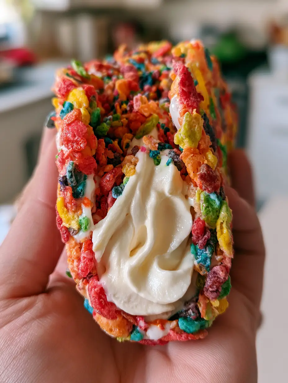 A handheld smartphone photo of a person holding a vibrant fruity cereal cheesecake taco with a thick velvety white filling.
