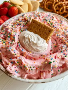 High angle close-up of pink easter dip in a white bowl with strawberries and wafers on a white wooden surface.