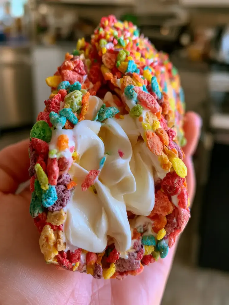 Extremely detailed texture of the crunchy rainbow cereal shell and creamy filling of the fruity cereal cheesecake tacos.