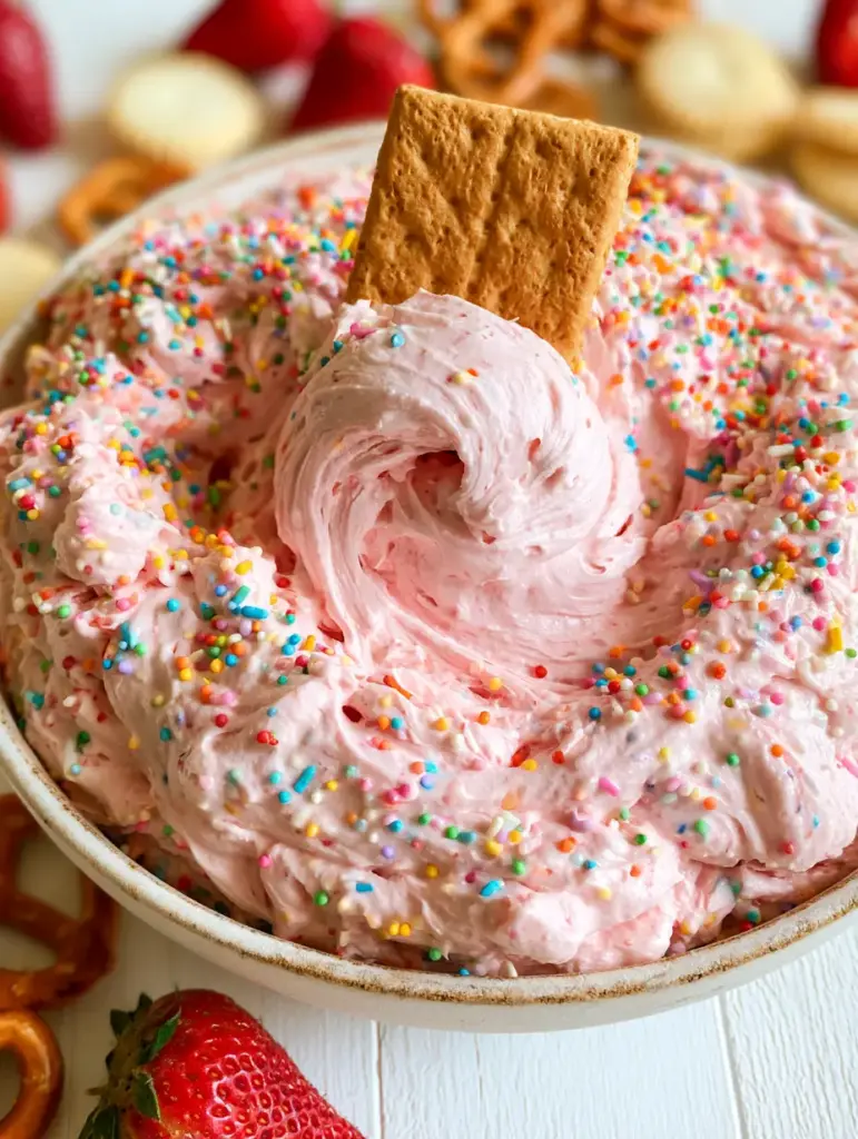 Easter Dip: The Ultimate Fluffy Pink Velvet Cheesecake Dessert 1 A thick creamy swirl of easter dip being scooped by a golden graham cracker, surrounded by pretzels and rainbow sprinkles.