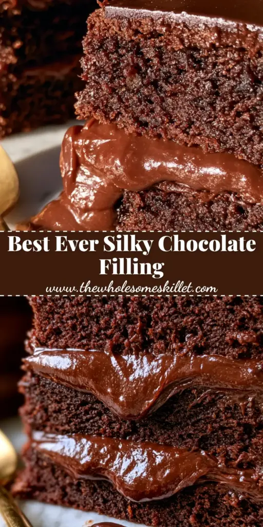 Chocolate Ganache Cake Filling: The Ultimate Glossy and Velvety Secret 4 A close-up of a sliced three-layer chocolate cake with thick chocolate ganache cake filling oozing between moist layers on a marble surface.