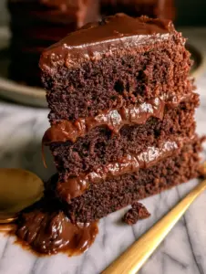 Macro photography of glossy and velvety chocolate ganache cake filling between three layers of moist chocolate cake.