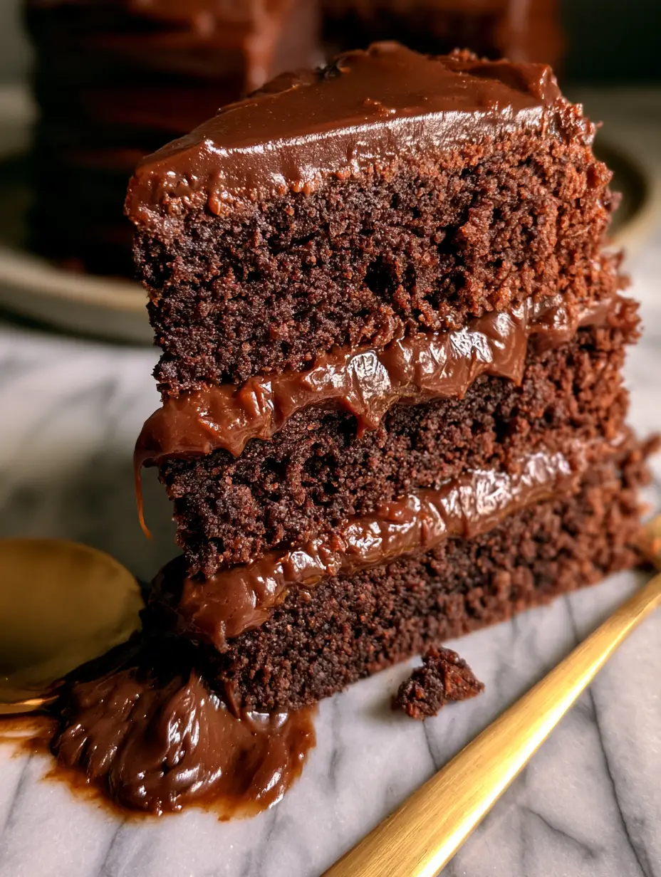 Chocolate Ganache Cake Filling: The Ultimate Glossy and Velvety Secret 3 Macro photography of glossy and velvety chocolate ganache cake filling between three layers of moist chocolate cake.