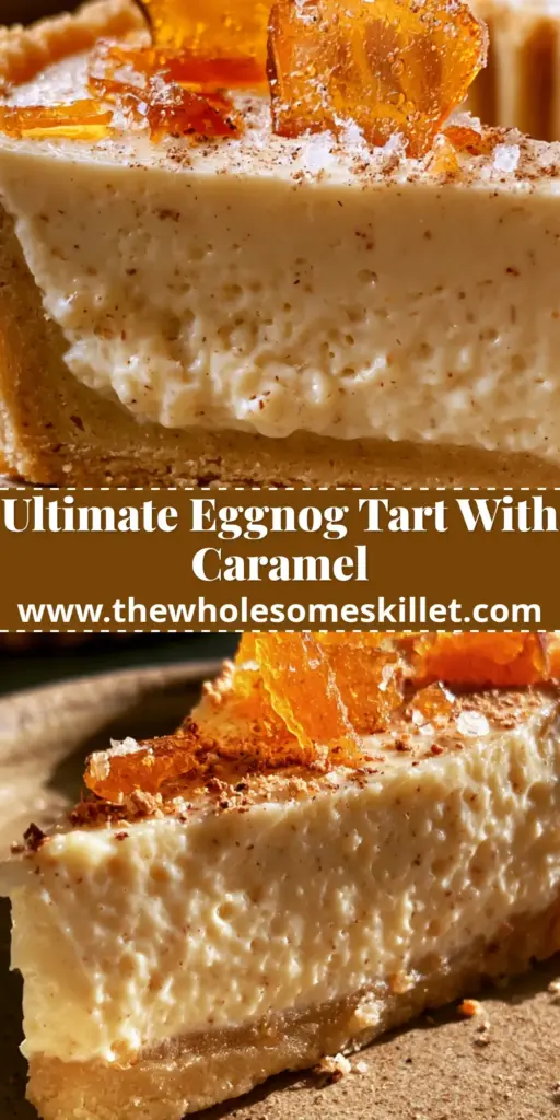 A handheld smartphone photo of a single slice of eggnog custard tart with golden fluted crust, wobbly pale yellow filling, and amber caramel shards.