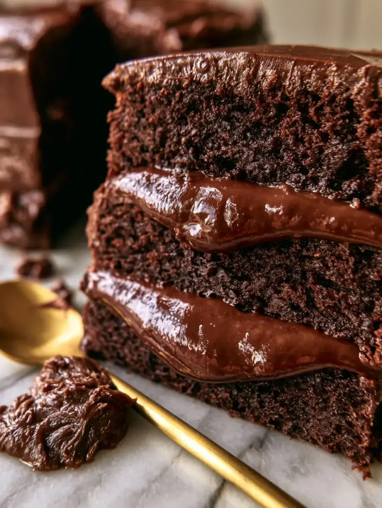 Chocolate Ganache Cake Filling: The Ultimate Glossy and Velvety Secret 1 A golden spoon resting on a marble surface next to a slice of chocolate cake with rich chocolate ganache cake filling.