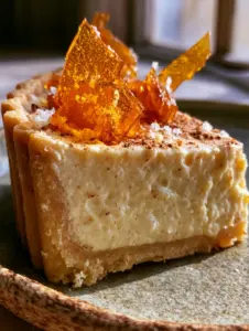Detailed macro shot of an eggnog custard tart slice showing the creamy texture and nutmeg specks.