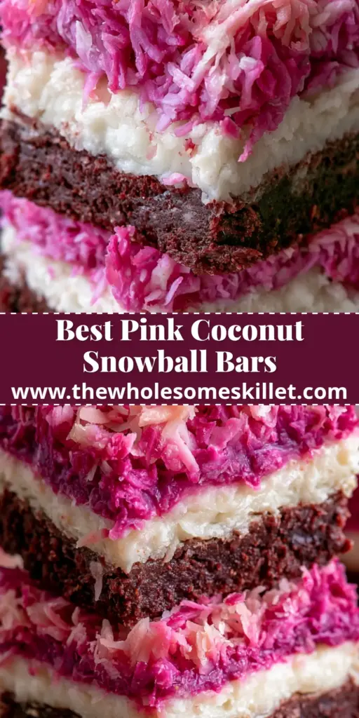 Coconut Snowball Bars with a Rich Cocoa Brownie Base 4 A stack of three-layered coconut snowball bars with a dark brownie base, white cream center, and vibrant pink coconut topping on a rustic background. (coconut snowball bars)