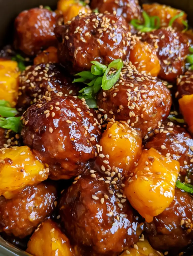 Teriyaki Pineapple Meatballs: The Ultimate Slow Cooker Sticky Glaze Recipe 1 A ceramic slow cooker filled with teriyaki pineapple meatballs, topped with sesame seeds and green scallions with rising steam.
