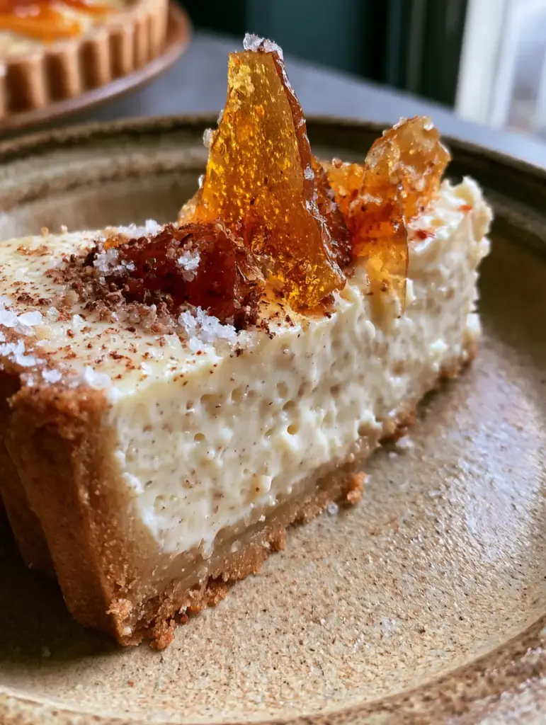 A rustic plate holding a slice of eggnog custard tart topped with translucent amber toffee shards in soft morning light.