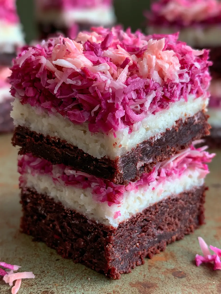 Coconut Snowball Bars with a Rich Cocoa Brownie Base 3 Vertical shot showing the texture of the pink shredded coconut topping on coconut snowball bars. (coconut snowball bars)