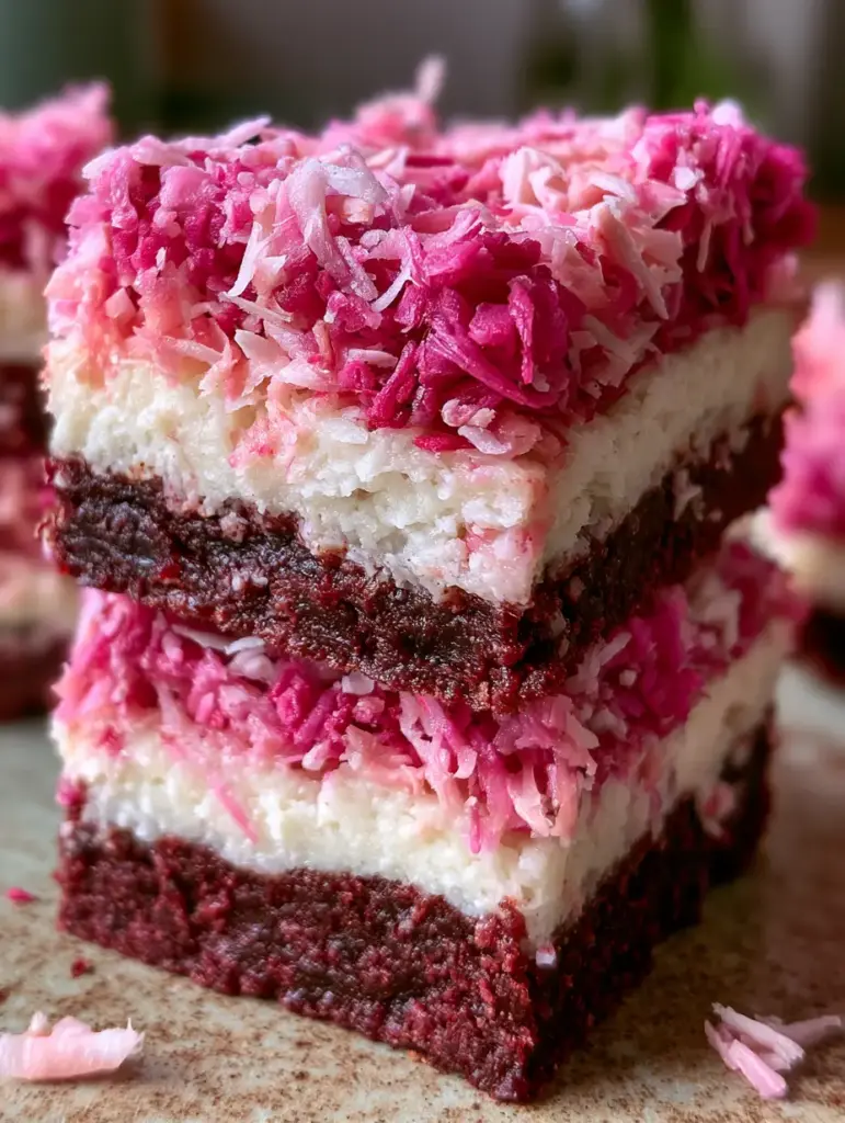 Coconut Snowball Bars with a Rich Cocoa Brownie Base 1 Close-up of a stack of coconut snowball bars with natural window lighting highlighting the white cream filling and dark cocoa base.