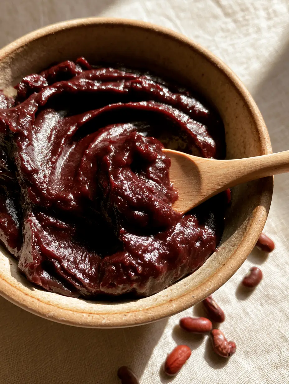 Red Bean Paste Recipe: How to Make Silky Smooth Homemade Anko 3 Smartphone photo of creamy red bean paste with swirls from a wooden spoon in morning light.
