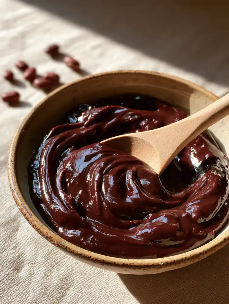 Red Bean Paste Recipe: How to Make Silky Smooth Homemade Anko 1 Intimate close-up of dark burgundy red bean paste in a ceramic bowl on a linen napkin.