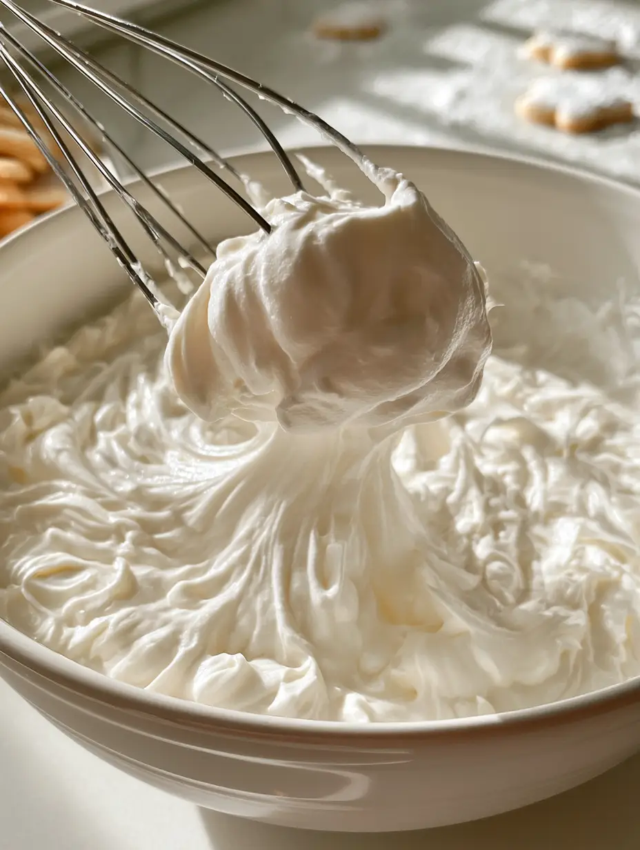 Close-up of a metal whisk lifting a luscious, creamy dollop of white sugar cookie frosting showing soft peaks.