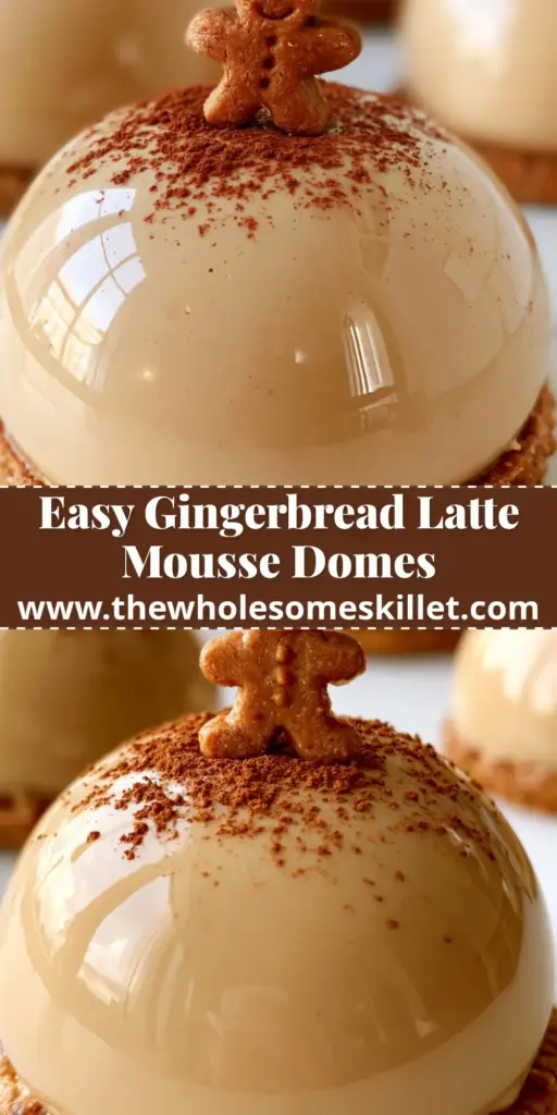 A close-up shot of several gingerbread latte mousse domes with tan mirror glaze and mini gingerbread men on a marble surface.