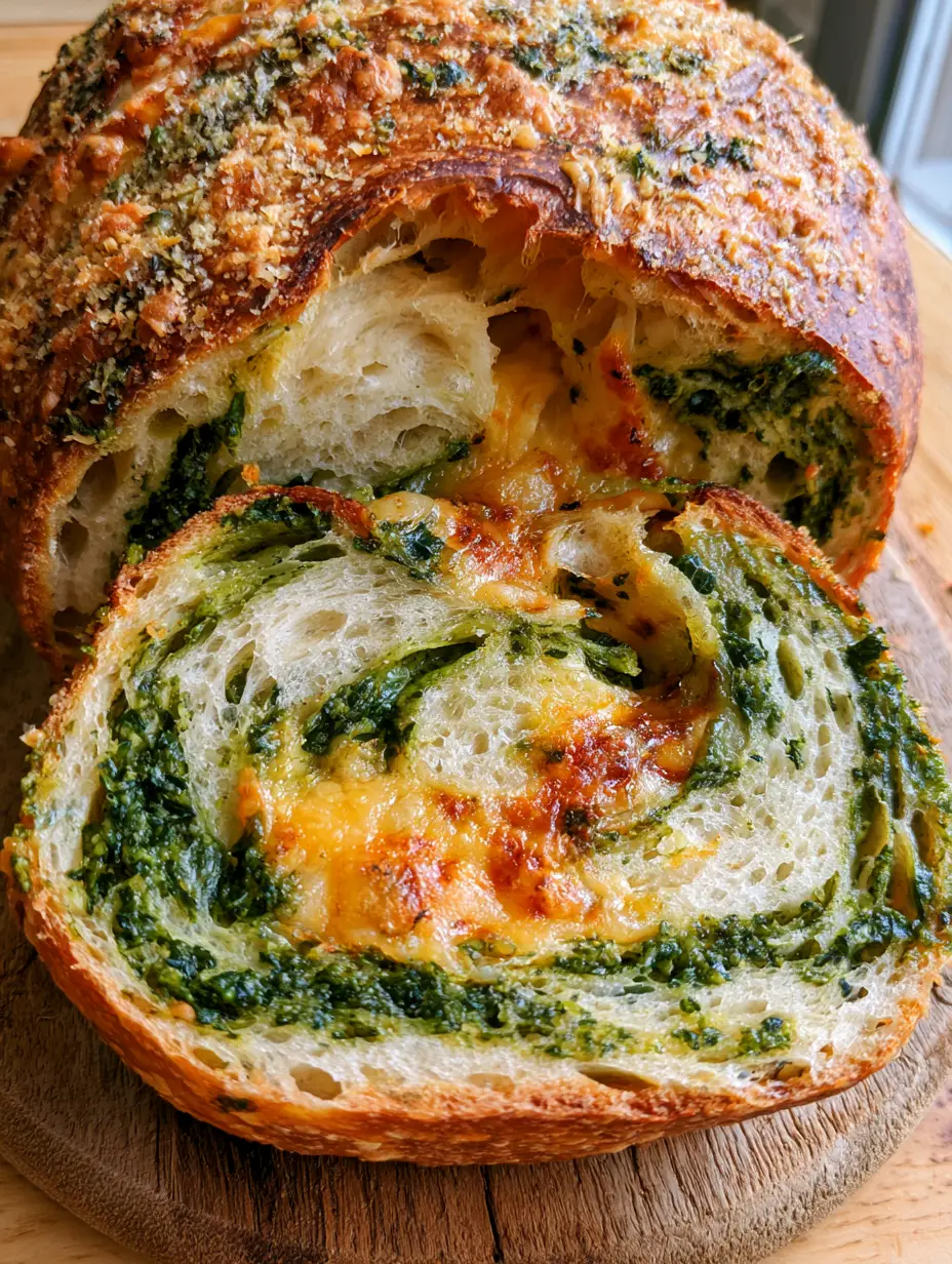 A handheld smartphone photo of a fresh pesto parmesan sourdough bread loaf on a wooden board.