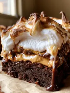 Extreme macro close-up of dark chocolate brownies with melted peanut butter and toasted marshmallows. (peanut butter marshmallow brownies)