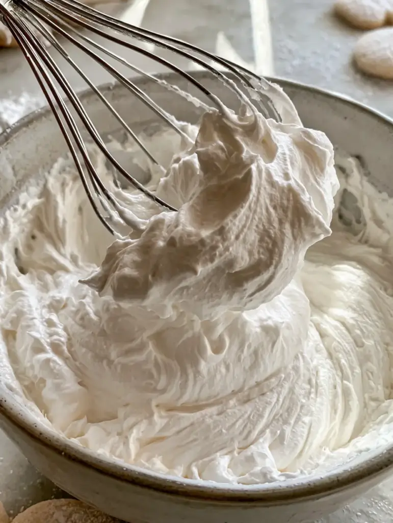 Handheld photo of sugar cookie frosting in a ceramic bowl with natural sunlight creating soft highlights.