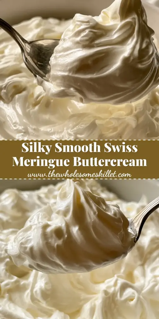 A silver spoon lifting a thick, velvety dollop of ivory-white swiss meringue buttercream from a glass bowl on a marble countertop.
