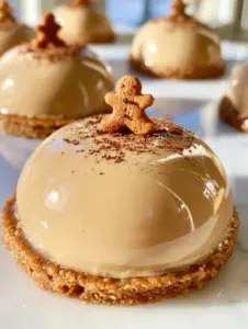 Close-up of a glossy tan mirror glaze on gingerbread latte mousse domes with speculoos base.