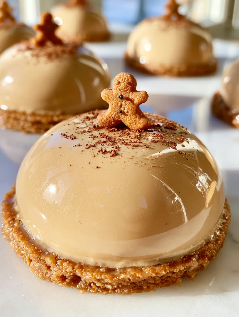 Close-up of a glossy tan mirror glaze on gingerbread latte mousse domes with speculoos base.