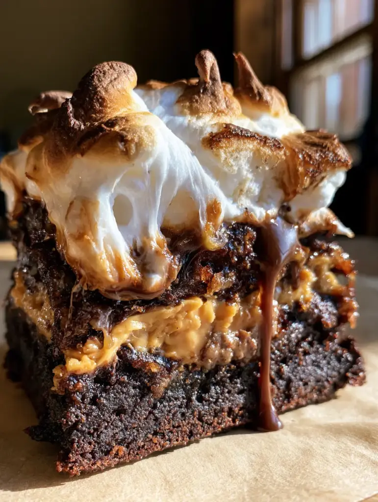 Peanut Butter Marshmallow Brownies: The Ultimate Fudgy and Toasted Guide 1 A side view showing the thick layer of peanut butter and glossy chocolate drip on brownies. (peanut butter marshmallow brownies)