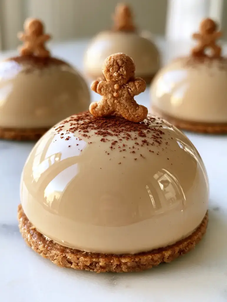 Gourmet gingerbread latte mousse domes on a marble counter with soft window lighting.