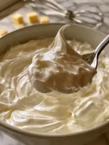 Macro shot of glossy ivory swiss meringue buttercream in a clear bowl with a silver spoon lifting a dollop.
