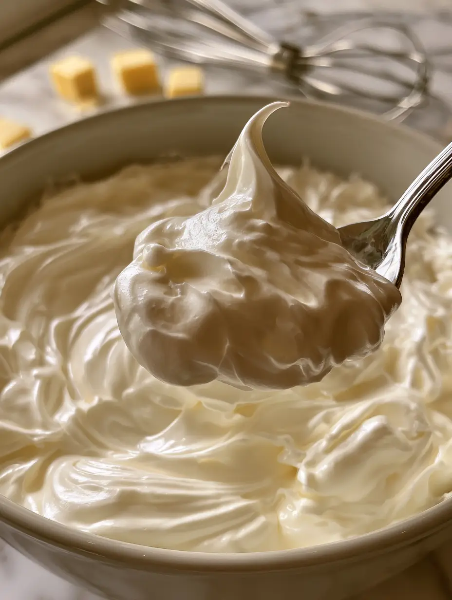Macro shot of glossy ivory swiss meringue buttercream in a clear bowl with a silver spoon lifting a dollop.