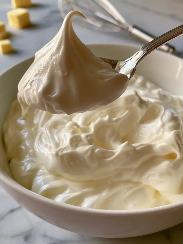 Close-up of swiss meringue buttercream stiff peaks on a silver spoon with golden butter cubes in the background.