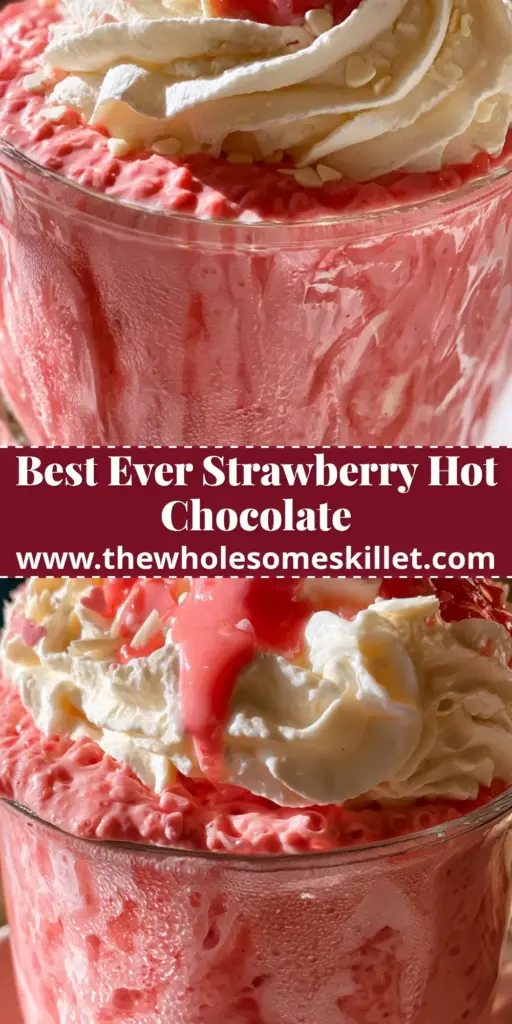 A premium glass mug filled with vibrant pink strawberry hot cocoa, topped with a tall peak of whipped cream and glossy syrup. (strawberry hot cocoa)