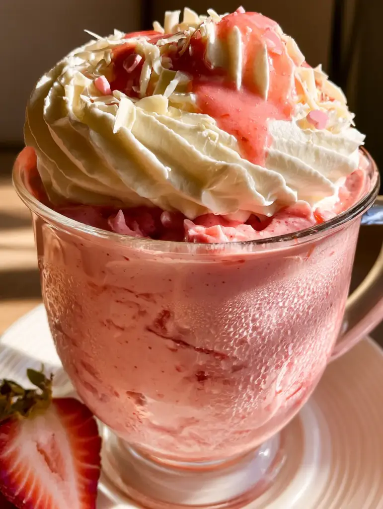 Handheld photo of a glass mug with steaming strawberry hot cocoa and heart sprinkles. (strawberry hot cocoa)
