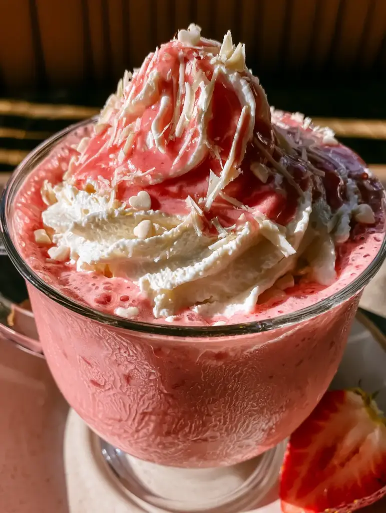 Close-up of strawberry hot cocoa showing white chocolate shavings and a glossy glaze.