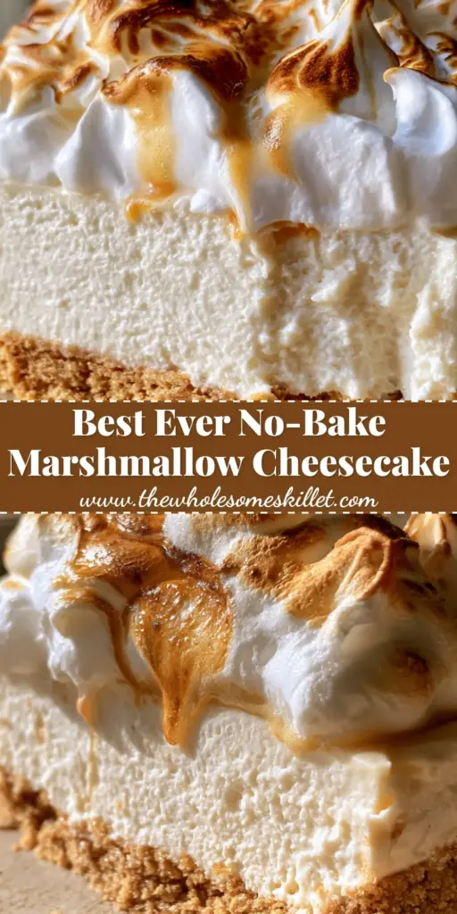 Toasted Marshmallow Cheesecake with Golden Graham Cracker Crust 4 A thick slice of toasted marshmallow cheesecake with scorched meringue peaks and a golden graham cracker crust on a rustic plate.