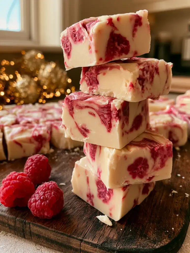 Raspberry White Chocolate Fudge: A Creamy 15-Minute Recipe 2 Macro shot of raspberry white chocolate fudge showing the velvety texture and deep pink marbled raspberry jam swirls.