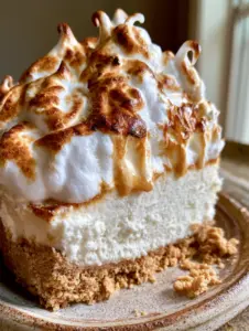 Close-up of toasted marshmallow cheesecake showing vanilla bean specks and deep golden brown scorched sugar edges.