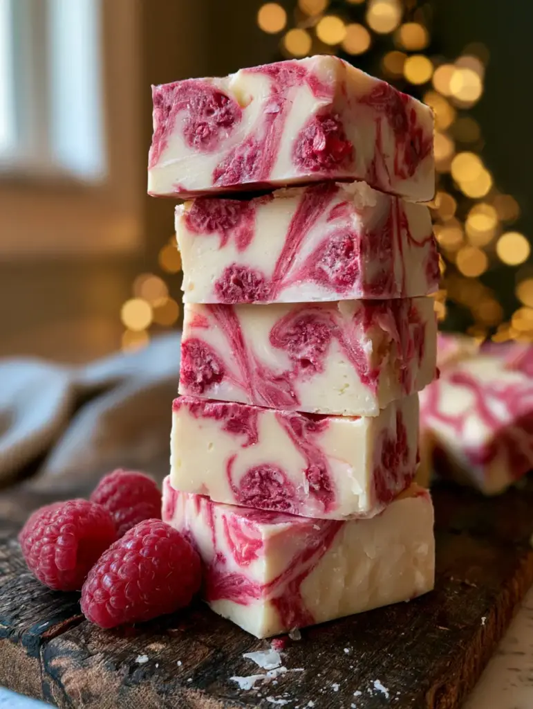 Raspberry White Chocolate Fudge: A Creamy 15-Minute Recipe 1 A stack of white chocolate fudge with raspberry swirls in an authentic kitchen setting with warm holiday bokeh lights.