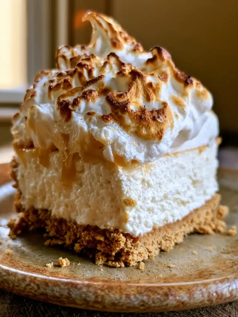 Toasted Marshmallow Cheesecake with Golden Graham Cracker Crust 1 Smartphone photo of a no-bake toasted marshmallow cheesecake slice featuring gooey drips and a crumbly crust.